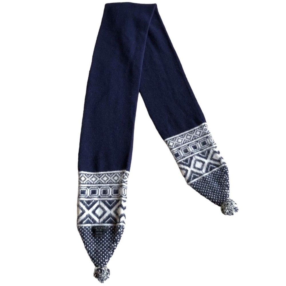 100% Merino Wool Rag & Bone Navy Blue Fair isle Scarf with Pom Poms  NWOT